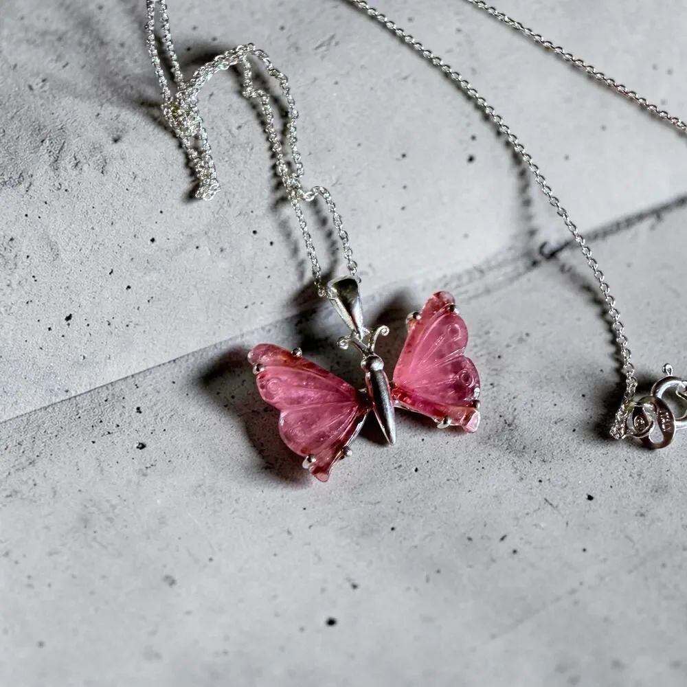 Carved Pink Tourmaline Butterfly Sterling Silver Necklace